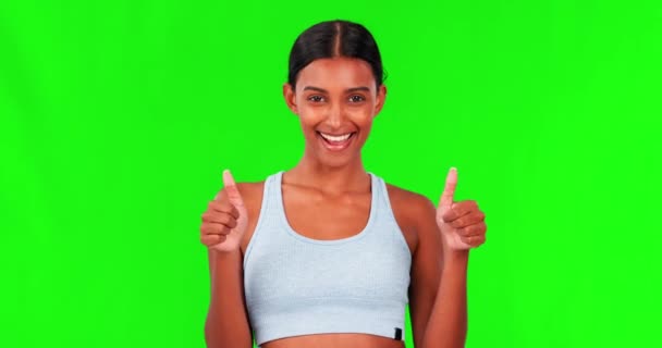 Mulher Feliz Fitness Polegares Para Cima Tela Verde Para Aprovação — Vídeo de Stock