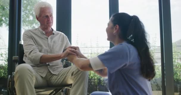 Nurse Elderly Man House Wheelchair Talking Kindness Smile Respect Holding — Stock Video