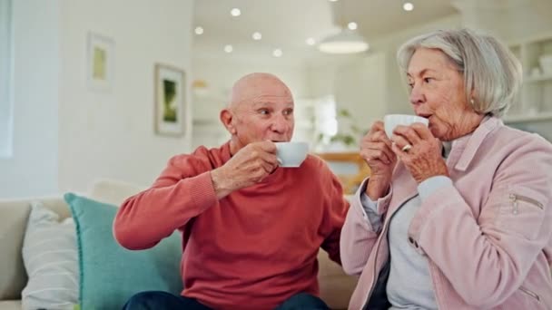 老两口 喝咖啡 坐在沙发上谈笑风生 在家里客厅里一起思考或放松一下 上了年纪的女人 老头儿 家里沙发上的茶杯 红茶或浓缩咖啡对记忆力的影响 — 图库视频影像
