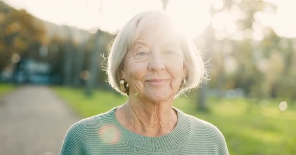 Úsměv Senior Tvář Ženy Přírodě Procházku Přestávku Nebo Relaxaci Důchodu — Stock video