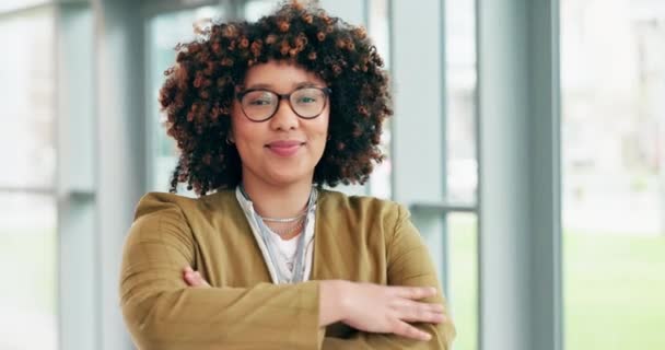 Brazos Cruzados Sonrisa Rostro Mujer Negocios Oficina Para Profesional Gerente — Vídeos de Stock