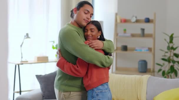 Love Couple Hug Together Living Room Home Support Gratitude Comfort — Stock Video