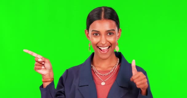 Woman Pointing Thumbs Green Screen Presentation Thank You Support Yes — Stock Video