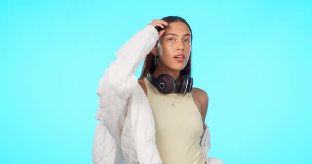 Fashion Portrait Woman Headphones Blue Background Attitude Beauty Model Mockup — Stock Video