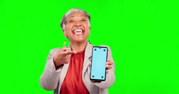 Teléfono Pantalla Verde Mujer Negocios Con Presentación Maqueta Publicitaria Marcadores — Vídeo de stock