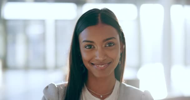 Portre Mutlu Kadını Ofiste Yasal Tavsiyeler Için Gülümseme Güven Gurur — Stok video