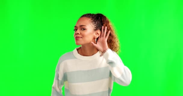 Женщина Проблема Слухом Громкий Знак Руки Зеленым Экраном Спросить Тайные — стоковое видео