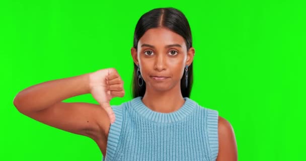 Kciuki Dół Zielony Ekran Twarz Kobiety Bez Znaku Potrząsnąć Głową — Wideo stockowe