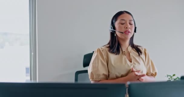 Call Center Customer Support Asian Woman Talking Documents Paperwork Report — Stock Video