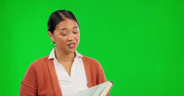 Woman Presentation Biology Textbook Green Screen Mockup Space Teaching Studio — Stock Video