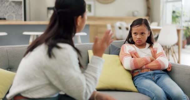 Mother Child Talking Home Discipline Bad Behaviour Psychology Problem Sofa — Stock Video