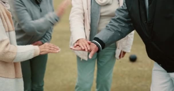 Mãos Formação Equipe Amigos Seniores Aconchego Livre Para Apoio Celebração — Vídeo de Stock
