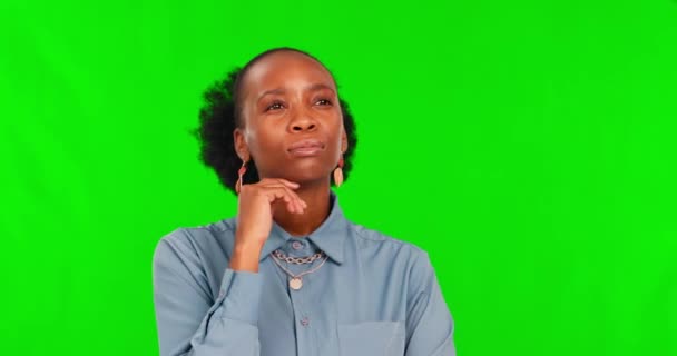 Πράσινη Οθόνη Σκέψη Μαύρη Γυναίκα Ιδέες Δημιουργική Απόφαση Φόντο Στούντιο — Αρχείο Βίντεο