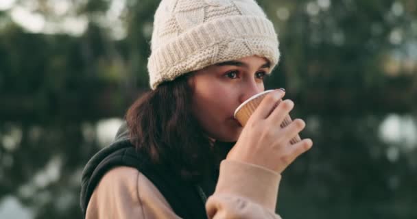 Rostro Pensar Acampar Con Una Mujer Tomando Café Aire Libre — Vídeos de Stock