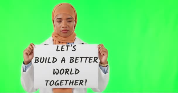 Πράσινη Οθόνη Διαμαρτυρία Και Μουσουλμάνα Γυναίκα Αφίσα Για Αλλαγή Ελευθερία — Αρχείο Βίντεο