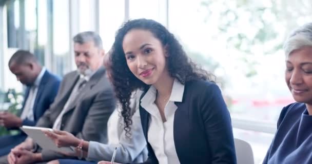 Cara Mulher Negócios Sala Espera Para Contratação Recrutamento Entrevista Emprego — Vídeo de Stock