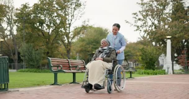Verpleegster Wandelen Parkeren Met Oude Vrouw Een Rolstoel Voor Pensionering — Stockvideo