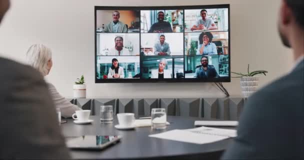 Forretningsfolk Videokonference Møde Team Bestyrelseslokalet Til Online Præsentation Diskussion Bølge – Stock-video