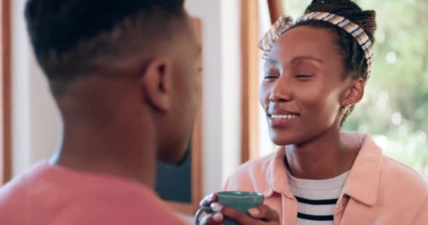 Kitchen Coffee Happy Black Couple Love Conversation Bonding Care Support — Stock Video