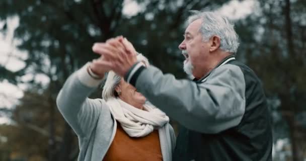 Tanzen Glücklich Und Ein Älteres Paar Der Natur Für Liebe — Stockvideo