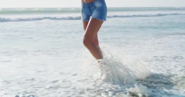 Mujer Feliz Playa Verano Sola Disfrutar Del Océano Naturaleza Playa — Vídeos de Stock