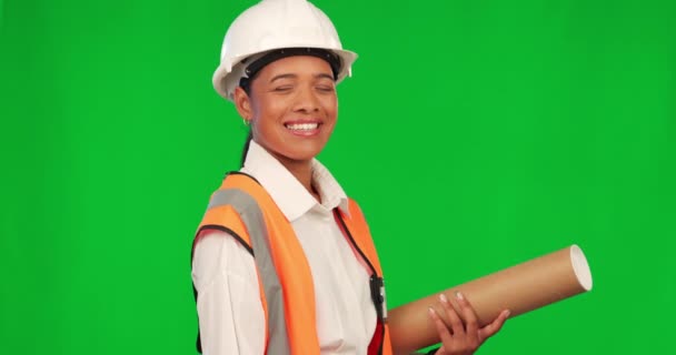 Green Screen Woman Engineer Plan Mockup Happy Construction Worker Studio — Stock Video