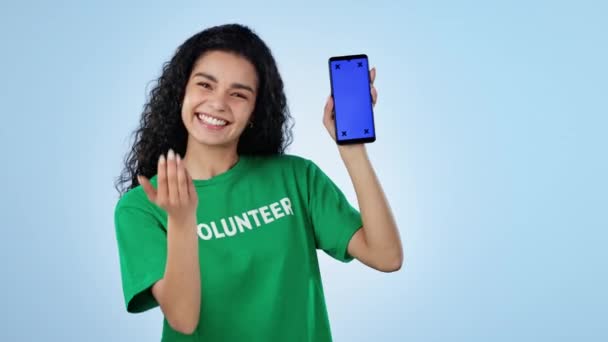 Unisciti Noi Volontario Schermo Verde Del Telefono Con Donna Presentazione — Video Stock