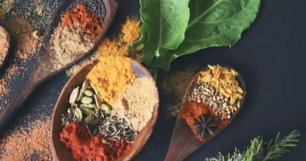 Condimente Ierburi Condimente Pentru Condimente Studio Masă Pentru Curry Linguri — Videoclip de stoc