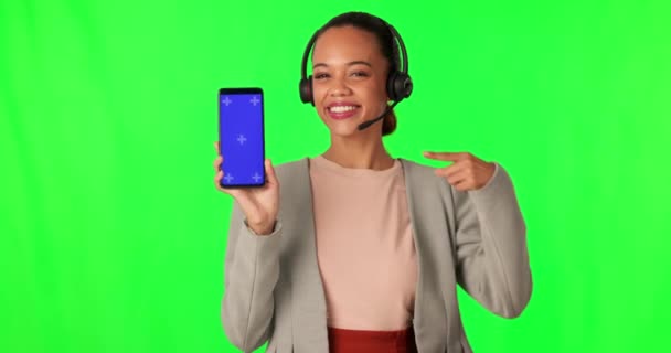 Call Center Phone Woman Green Screen Okay Sign Contact Presentation — Stock Video