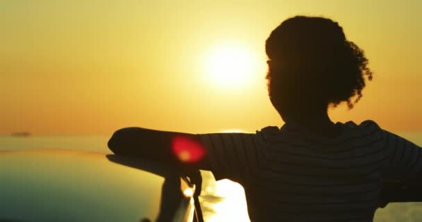 Vrouw Ontspan Silhouet Zonsondergang Met Auto Reis Met Motivatie Prestatie — Stockvideo