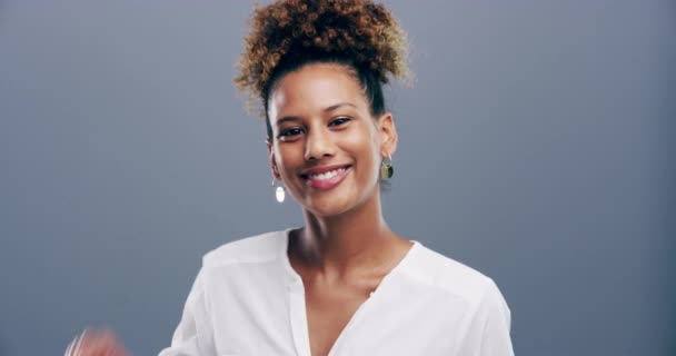 Portrait Happy Woman Hand Peace Sign Studio Mockup Startup Gray — Stock Video