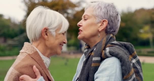 年长的女人亲吻着她的妻子的额头 以获得浪漫 结合和户外约会 在花园或公园度过亲密时刻的自然 承诺和老年男女退休朋友 — 图库视频影像