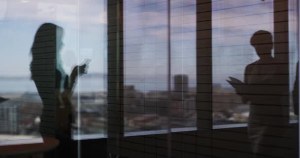 비즈니스 사람들 그림자 파트너십 팀워크 창으로 작업에서 실루엣 어두운 직장에서의 — 비디오