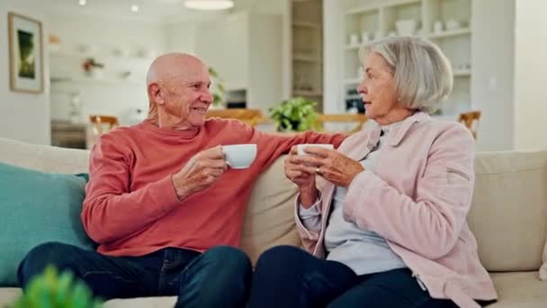 Kávézás Idős Pár Nappali Házassággal Beszélgetés Pihenés Kanapén Beszélgetés Teáscsésze — Stock videók