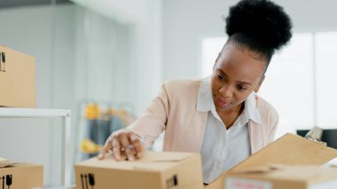 Başlangıç, kutular ve elinde dosya, envanter ve teslimatla birlikte paketleri kontrol eden siyah bir kadın. Belgeleri, stoğu ve mutluluğu başarı ve satışlarla olan Afrikalı kişi, iş sahibi ve girişimci.