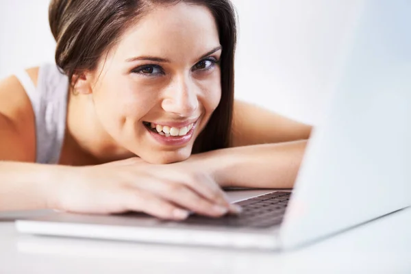 Laptop Relax Face Happy Woman Office Typing Writing Email Web Stock Image