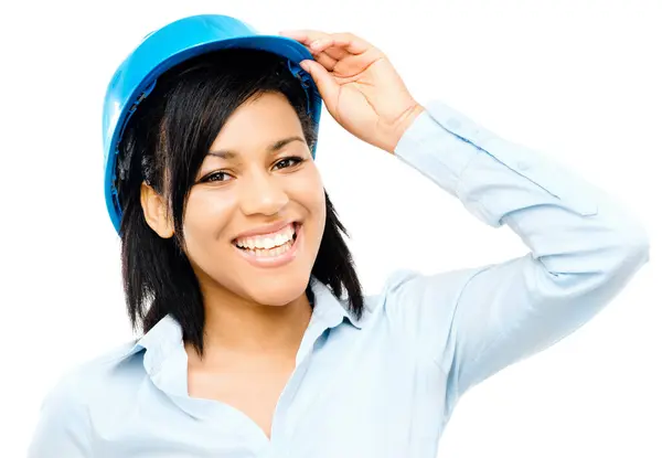 快乐的混血女建筑师手握蓝色的蓝图 背景是白色的 在工作室背景下从事建筑业的年轻女商人 — 图库照片