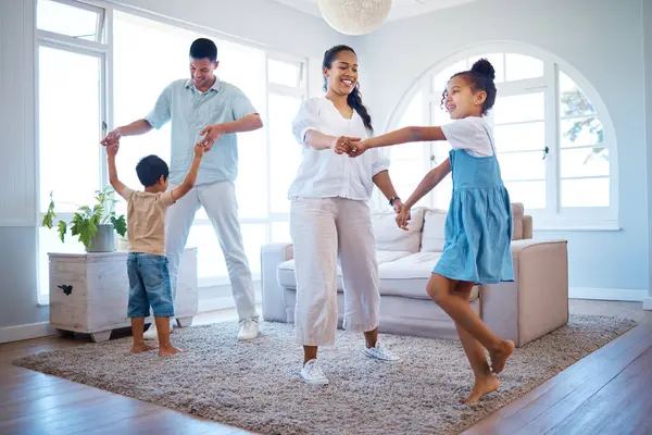 Energetic Young Parents Dancing Two Children Home Happy Hispanic Family — Stock Photo, Image