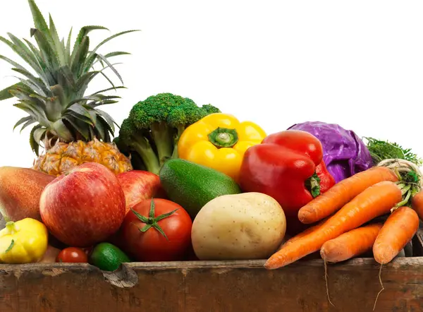 Todas Opções Uma Caixa Madeira Cheia Legumes Frutas — Fotografia de Stock
