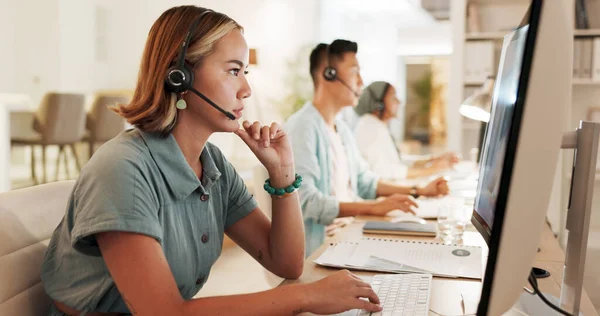 Call center, agent and thinking with woman in office for contact us, communication and customer service. Saleswoman, help desk and technical support with person in consulting agency for telemarketing.