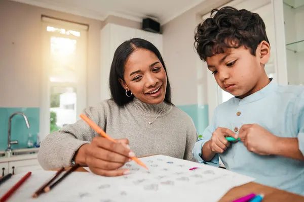 Signal parent, teaching and mother help child with homework for homeschool lesson, project or assignment. Writing, learning and mom support kid with education, development and studying together.