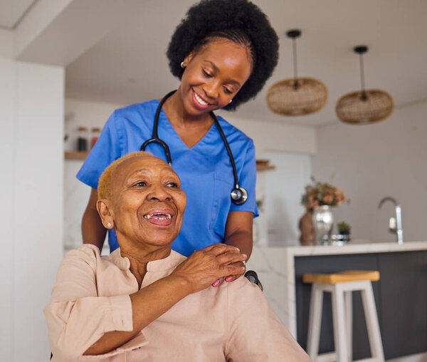 Black people, nurse and senior patient in elderly care, wheelchair and healthcare at home. Happy African female medical professional or caregiver helping old age person with a disability in the house.