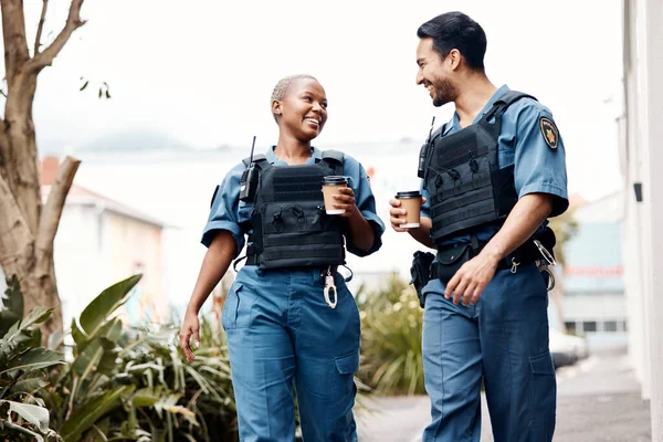 Politie Gesprek Team Een Koffiepauze Onderzoek Wandelen Patrouille Voor Bescherming Stockfoto