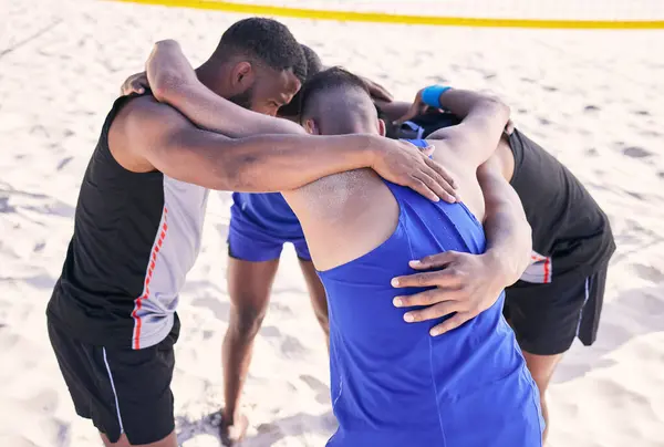 Teamwork Beach Men Huddle Volleyball Strategy Sports Motivation Mission Support — Stock Photo, Image