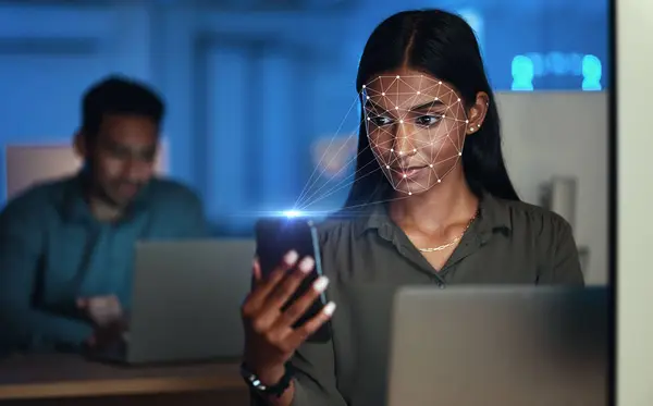 Futuristic Woman Phone Biometric Facial Recognition Cybersecurity Scan Face Mobile — Stock Photo, Image