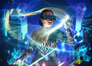 Metaverse, kadın ve dijital dönüşüm için gösterge paneli ile güçlendirilmiş realite gözlükleri. Siber dünya için VR kulaklıklı kişi ar hologramı büyük veriler ve fütürist bilgi grafikleri için ux.