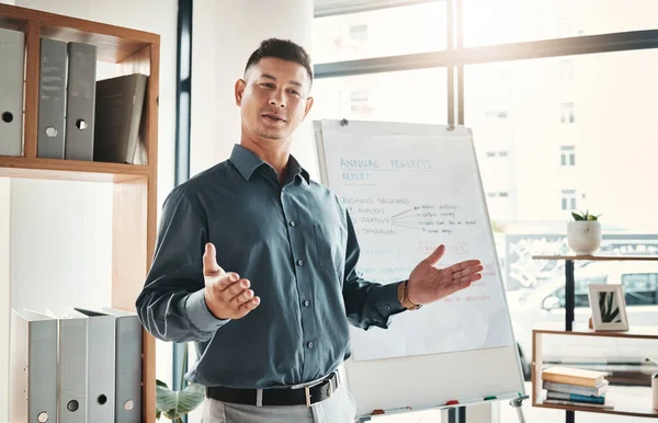 Businessman, coaching and whiteboard in FAQ, presentation or leadership at office workshop. Male leader, coach or mentor speaking in staff training for marketing, planning or corporate strategy.