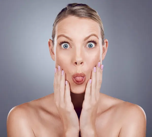 Skincare Beauty Portrait Woman Tongue Out Studio Makeup Cosmetics Wellness — Stock Photo, Image