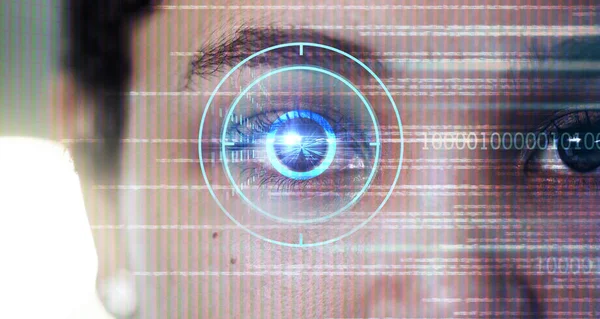 Biometric, digital and cyber security with eye scan of woman for identity, verification or facial recognition. Technology, future and ai with laser scanner focus of girl for hologram, contact or data.