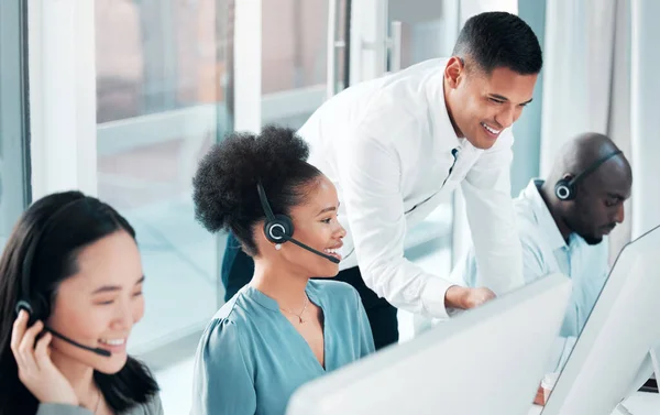 Training, help and people in telemarketing at a call center, online consulting and support. Contact us, advice and a manager helping customer service workers with digital client communication.